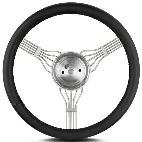 Lecarra Newstalgic Banjo Steering Wheels 55301 Wheel, Banjo, Black Leather Grip, Stainless steel, Polished, 3-Spoke, 15 in. Diameter, 1-Bolt Mount, Each