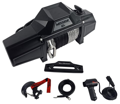 10,000 lbs. Mile Marker Mission Electric Winch 78-53246 Winch, Series, Covert Black, 12 V, lb., Hawse Fairlead, Power In/Out, 3/8 in. x 92 ft. Synthetic Rope, 12 ft. Remote, Each