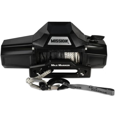 8,000 lbs. Mile Marker Mission Electric Winch 78-53141 Winch, Series, Covert Black, 12 V, lb., Hawse Fairlead, Power In/Out, 5/16 in. x 92 ft. Synthetic Rope, 12 ft. Remote, Each