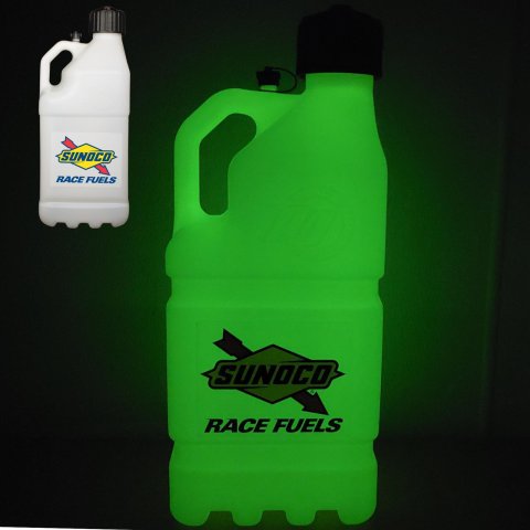 5 Gallons Sunoco Race Jug M7500GL Utility Jug, Gallons, Rectangular, Polyethlene, Green Glow-In-Dark, Black Cap, Each