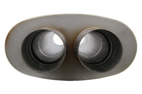 FlowMonster 2-Chamber 409 Stainless Steel 3 Inch Muffler 12599-FM Muffler, 2-Chamber, Staight-Through, Dual 3.00 in. Inlet/Outlet, Oval, 28.00 in. Length, 11.00 in. Wide, 5.00 in. Thick, Stainless, Natural, Each