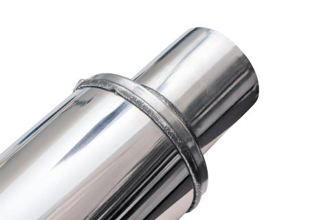 FlowMonster 1-Chamber 409 Stainless Steel 2.5 Inch Muffler 14416-FM Muffler, 1-Chamber, Staight-Through, 2.50 in. Inlet/Outlet, Round, 20.00 in. Length, 4.00 in. Diameter, Stainless, Polished, Each