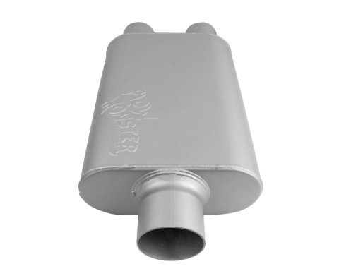 FlowMonster 2-Chamber Steel 2.5 Inch Muffler 425403-FM Muffler, FlowMonster, Aggressive Sound, 2-Chamber, 2.50 in. Dual Inlet, 3.00 in. Single Outlet, Steel, Aluminized, Universal, Each