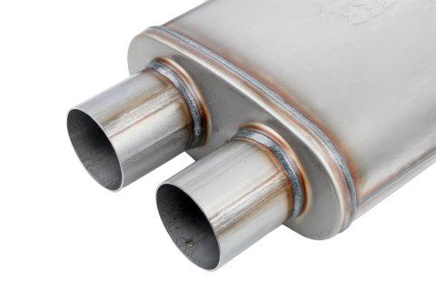 FlowMonster Absorption 409 Stainless Steel 2.5 Inch Muffler 11386-FM Mufflers, Mufflers, Oval Case, 2.50 in. Offset Dual Inlet/Outlet, Reversible, Stainless, Natural, 14.00 in. Case Exterior Length, Each