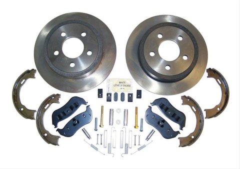Crown Automotive Disc Brake Service Kits 52128411K Rotors, Kit, Rear, Solid Surface, Steel, Natural, Semi-metallic Pads, Jeep, Wrangler, Liberty, Kit