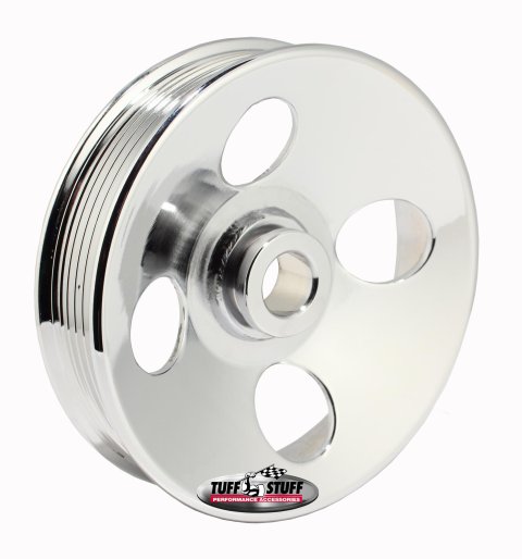 Tuff Stuff Performance Power Steering Pump Pulleys 8487A Pulley, Serpentine, 6-groove, Steel, Chrome, 5 in. O.D., GM Type 2, Press Fit, Each