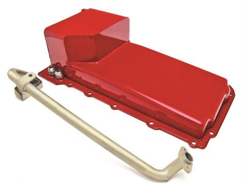 Hamburger's Performance Econo Series Oil Pans 1108 Pan, Series, Steel, Red Painted, 5 qt. Capacity, 6 in. Depth, Chevy, GMC, Kit, Requires Purchase of Filter Relocation Kit