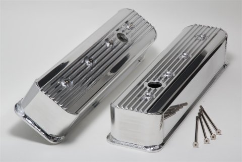 Hamburger's Performance Fabricated Aluminum Valve Covers 1114 Covers, Tall, Centerbolt, Finned, Fabricated, Aluminum, Polished, Chevy, Small Block, Pair