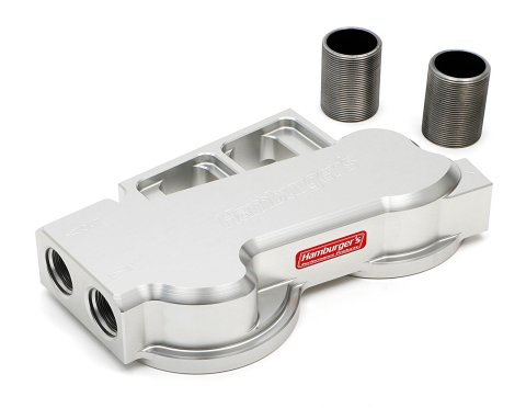 Hamburger's Performance Oil Filter Mounts 3314 Mounts, BILLET TRUE DUAL FILTER BASE FOR FORD 1 1/2"-16