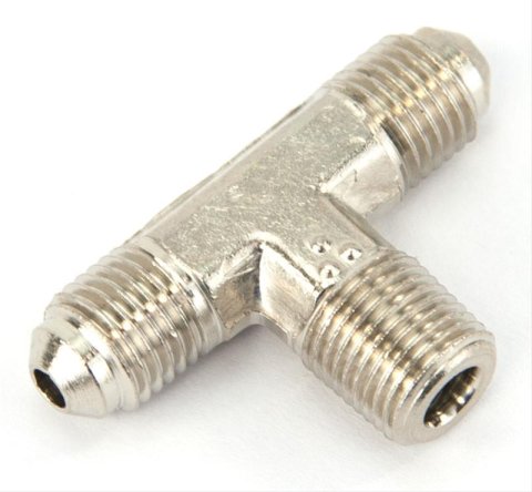 Nitrous Outlet Branch Tee Fittings 00-01400-B Fittings, Fittings, Brass, Nickel Plated, 1/8 in. NPT Male Threads, -3 AN Male Threads, -3 AN Male Threads, Each