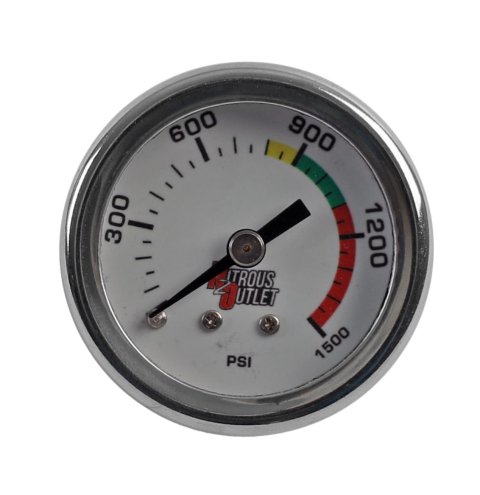 Nitrous Outlet Luminescent Pressure Gauges 00-63001 Gauge, Pressure, 0-1,500 psi, 1 3/4 in. Diameter, Analog, Full Sweep, Luminescent, Mechanical, 1/8 in. NPT, White Face, Chrome Bezel, Each