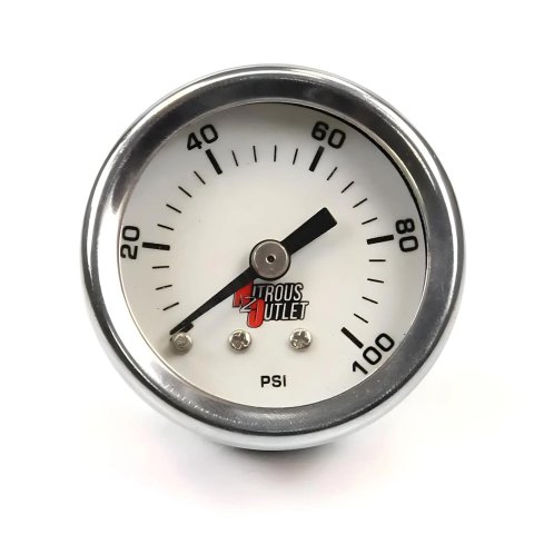 Nitrous Outlet Luminescent Fuel Pressure Gauges 00-63004 Gauge, Pressure, 0-100 psi, 1 3/4 in. Diameter, Analog, Full Sweep, Luminescent, Mechanical, No Manifold, White Face, Chrome Bezel, Each