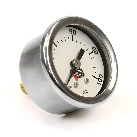 Nitrous Outlet Luminescent Fuel Pressure Gauges 00-63004-6 Gauge, Pressure, 0-100 psi, 1 3/4 in. Diameter, Analog, Full Sweep, Luminescent, Mechanical, -6AN Manifold, White Face, Chrome Bezel, Each