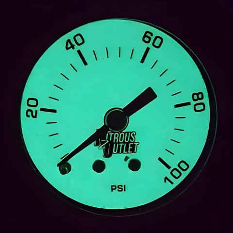 Nitrous Outlet Luminescent Fuel Pressure Gauges 00-63004-B Gauge, Pressure, 0-100 psi, 1 3/4 in. Diameter, Analog, Full Sweep, Luminescent, Mechanical, 3/8 in. NPT Bushing, White Face, Chrome Bezel, Each