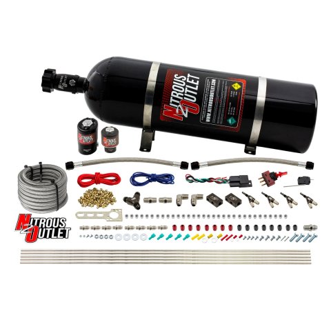 Nitrous Outlet Oxide Systems 00-10362-ALC-15 4 Cyl 2Sol Direct Port Sys w/ Dist Blocks ALC Low PSI(15Lb Bottle)(90° Noz)
