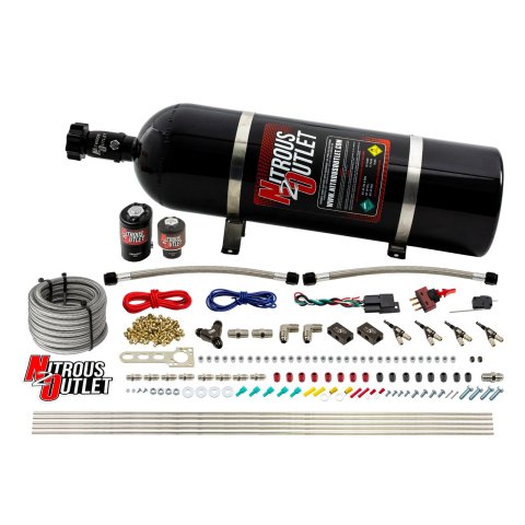Nitrous Outlet Direct Port Systems 00-10362-R-15 4 Cyl 2 Sol Sys w/ Single Rail Low PSI(15Lb Bottle)(90° Noz)