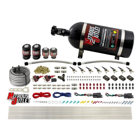 Nitrous Outlet Oxide Systems 00-10363-DS-10 DS 4 Cyl 4 Sol Direct Port Sys w/Dist Blocks Hi PSI(10Lb Bottle)(90° Noz)