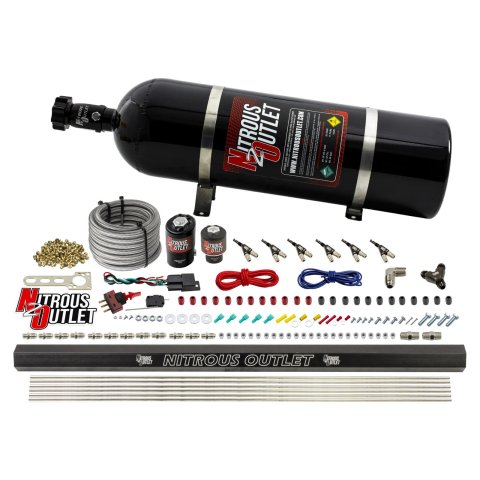 Nitrous Outlet Oxide Systems 00-10398-E85-15 6 Cyl 2 Sol Direct Port Sys w/Dist Blocks E85 Low PSI(15Lb Bottle)(90° Noz)