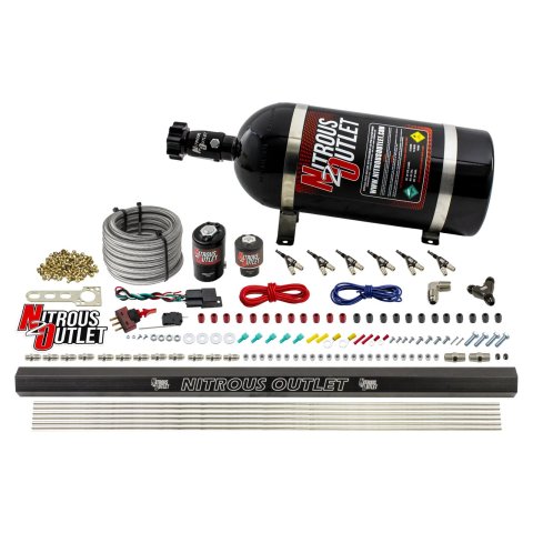 Nitrous Outlet Direct Port Systems 00-10398-R-10 6 Cyl 2 Sol Sys w/ Single Rail Low PSI(10Lb Bottle)(90° Noz)