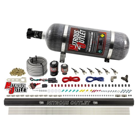 Nitrous Outlet Direct Port Systems 00-10398-R-12 6 Cyl 2 Sol Sys w/ Single Rail Low PSI(12Lb Bottle)(90° Noz)