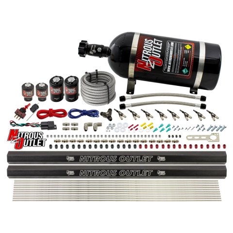 Nitrous Outlet Oxide Systems 00-10474-H-R-10 8 Cyl 4 Sol Direct Port Sys w/ Dual Rails Low PSI(10Lb Bottle)(90° Noz)