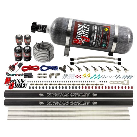 Nitrous Outlet Oxide Systems 00-10474-H-R-12 8 Cyl 4 Sol Direct Port Sys w/ Dual Rails Low PSI(12Lb Bottle)(90° Noz)