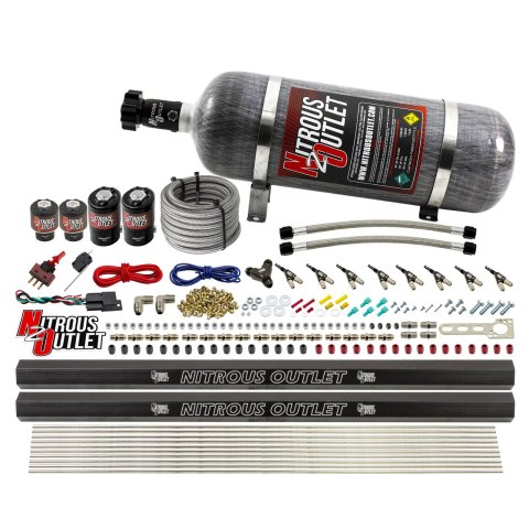 Nitrous Outlet Direct Port Systems 00-10474-L-R-12 8 Cyl 4 Sol Sys w/ Dual Rails Low PSI(12Lb Bottle)(90° Noz)