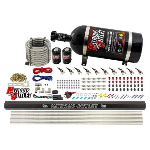 Nitrous Outlet Direct Port Systems 00-10494-R-10 10 Cyl 2 Sol Sys w/ Single Rail Low PSI(10Lb Bottle)(90° Noz)