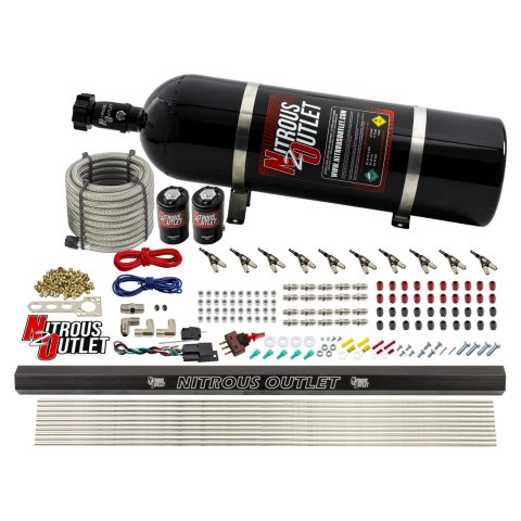 Nitrous Outlet Direct Port Systems 00-10494-R-15 10 Cyl 2 Sol Sys w/ Single Rail Low PSI(15Lb Bottle)(90° Noz)