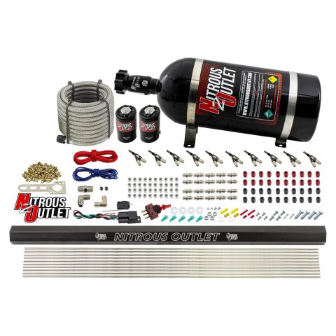Nitrous Outlet Oxide Systems 00-10495-R-10 10 Cyl 2 Sol Direct Port Sys w/ Single Rail Hi PSI(10Lb Bottle)(90° Noz)
