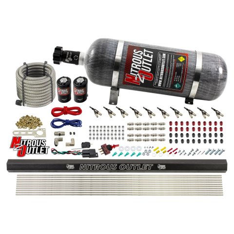 Nitrous Outlet Oxide Systems 00-10495-R-12 10 Cyl 2 Sol Direct Port Sys w/ Single Rail Hi PSI(12Lb Bottle)(90° Noz)