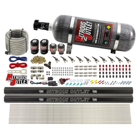 Nitrous Outlet Direct Port Systems 00-10496-R-12 10 Cyl 4 Sol Sys w/ Dual Rails Low PSI(12Lb Bottle)(90° Noz)