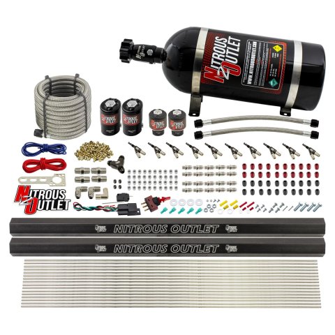 Nitrous Outlet Oxide Systems 00-10497-R-10 10 Cyl 4 Sol Direct Port Sys w/ Dual Rail Hi PSI(10Lb Bottle)(90° Noz)
