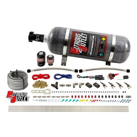 Nitrous Outlet Oxide Systems 00-10362-ALC-R-12 4 Cyl 2 Sol Direct Port Sys w/ Single Rail ALC Low PSI(12Lb Bottle) 90° Noz