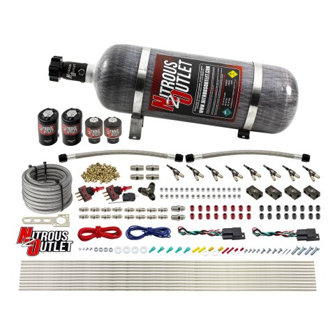 Nitrous Outlet Oxide Systems 00-10362-E85-DS-12 DS 4Cyl 4Sol Direct Port Sys w/ Dist Blocks E85 Low PSI(12Lb Bottle) 90°Noz
