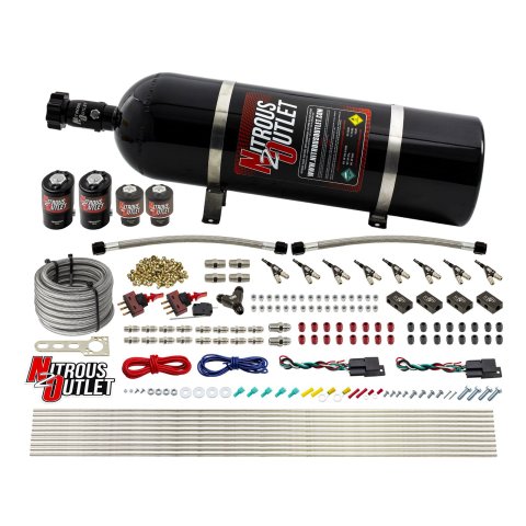 Nitrous Outlet Oxide Systems 00-10362-E85-DS-15 DS 4Cyl 4Sol Direct Port Sys w/ Dist Blocks E85 Low PSI(15Lb Bottle) 90°Noz