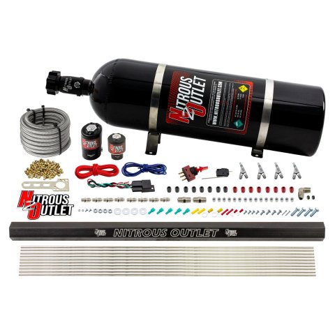 Nitrous Outlet Oxide Systems 00-10362-R-SBT-15 4 Cyl 2 Sol Direct Port Sys w/ Single Rail Low PSI(15Lb Bottle)(SBT Noz)