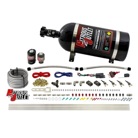 Nitrous Outlet Oxide Systems 00-10363-E85-R-10 4 Cyl 2 Sol Direct Port Sys w/ Single Rail E85 Hi PSI(10Lb Bottle)(90° Noz)