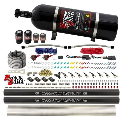 Nitrous Outlet Oxide Systems 00-10363-R-DS-15 DS 4 Cyl 4 Sol Direct Port Sys w/ Dual Rails Hi PSI(15Lb Bottle)(90° Noz)