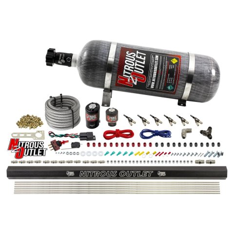 Nitrous Outlet Oxide Systems 00-10398-ALC-R-12 6Cyl 2 Sol Direct Port Sys w/ Single Rail ALC Low PSI(12Lb Bottle)(90° Noz)
