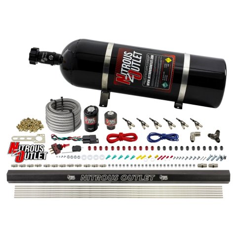 Nitrous Outlet Oxide Systems 00-10398-ALC-R-15 6Cyl 2 Sol Direct Port Sys w/ Single Rail ALC Low PSI(15Lb Bottle)(90° Noz)