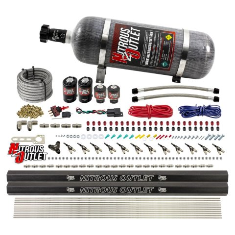 Nitrous Outlet Oxide Systems 00-10398-ALC-R-DS-12 DS 6 Cyl 4Sol Direct Port Sys w/ Dual Rails ALC Low PSI(12Lb Bottle)90° Noz