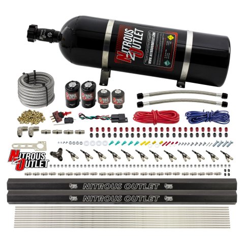 Nitrous Outlet Oxide Systems 00-10398-ALC-R-DS-15 DS 6Cyl 4Sol Direct Port Sys w/ Dual Rails ALC Low PSI(15Lb Bottle)90° Noz