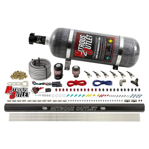 Nitrous Outlet Oxide Systems 00-10398-E85-R-12 6 Cyl 2 Sol Direct Port Sys w/ Single Rail E85 Low PSI(12Lb Bottle) SBT Noz