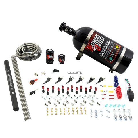 Nitrous Outlet Oxide Systems 00-10399-E85-R-10 6 Cyl 2 Sol Direct Port Sys w/ Single Rail E85 Hi PSI(10Lb Bottle)(90° Noz)