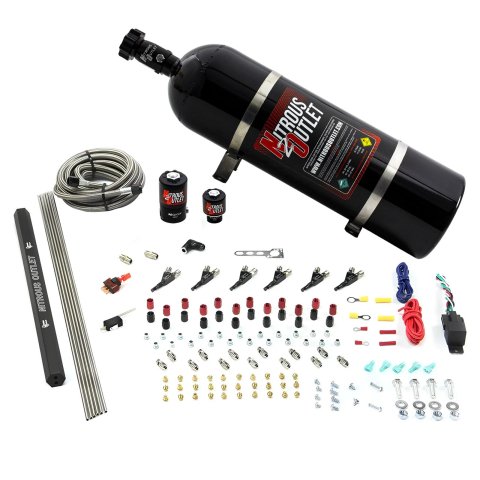 Nitrous Outlet Oxide Systems 00-10399-E85-R-15 6 Cyl 2 Sol Direct Port Sys w/ Single Rail E85 Hi PSI(15Lb Bottle)(90° Noz)