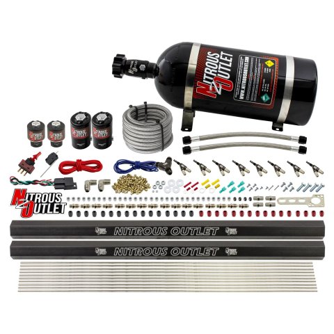 Nitrous Outlet Oxide Systems 00-10474-ALC-L-R-10 8 Cyl 4 Sol Direct Port Sys w/ Dual Rails ALC Low PSI(10Lb Bottle)(90° Noz)