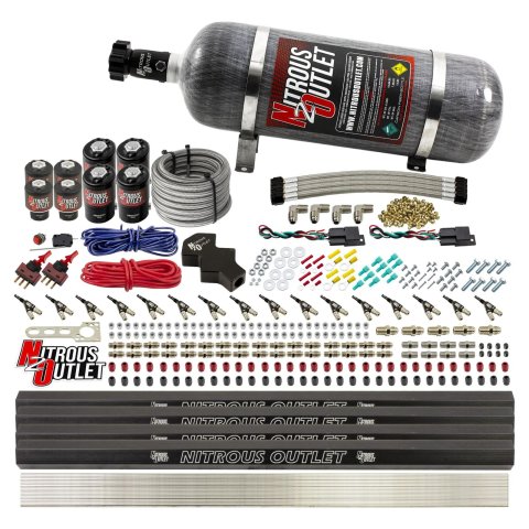 Nitrous Outlet Oxide Systems 00-10474-ALC-L-R-DS-12 DS 8 Cyl 8Sol Direct Port Sys w/ Quad Rails ALC Low PSI(12Lb Bottle) 90°Noz