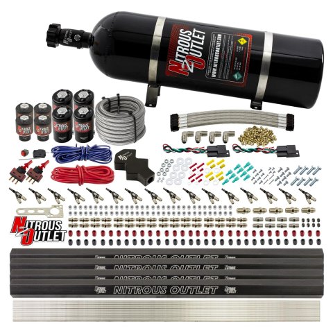 Nitrous Outlet Oxide Systems 00-10474-L-R-DS-15 DS 8 Cyl 8 Sol Direct Port Sys w/ Quad Rails Low PSI(15Lb Bottle)(90° Noz)