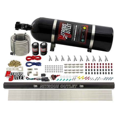 Nitrous Outlet Oxide Systems 00-10494-R-SBT-15 10 Cyl 2 Sol Direct Port Sys w/ Single Rail Low PSI(15Lb Bottle)(SBT Noz)